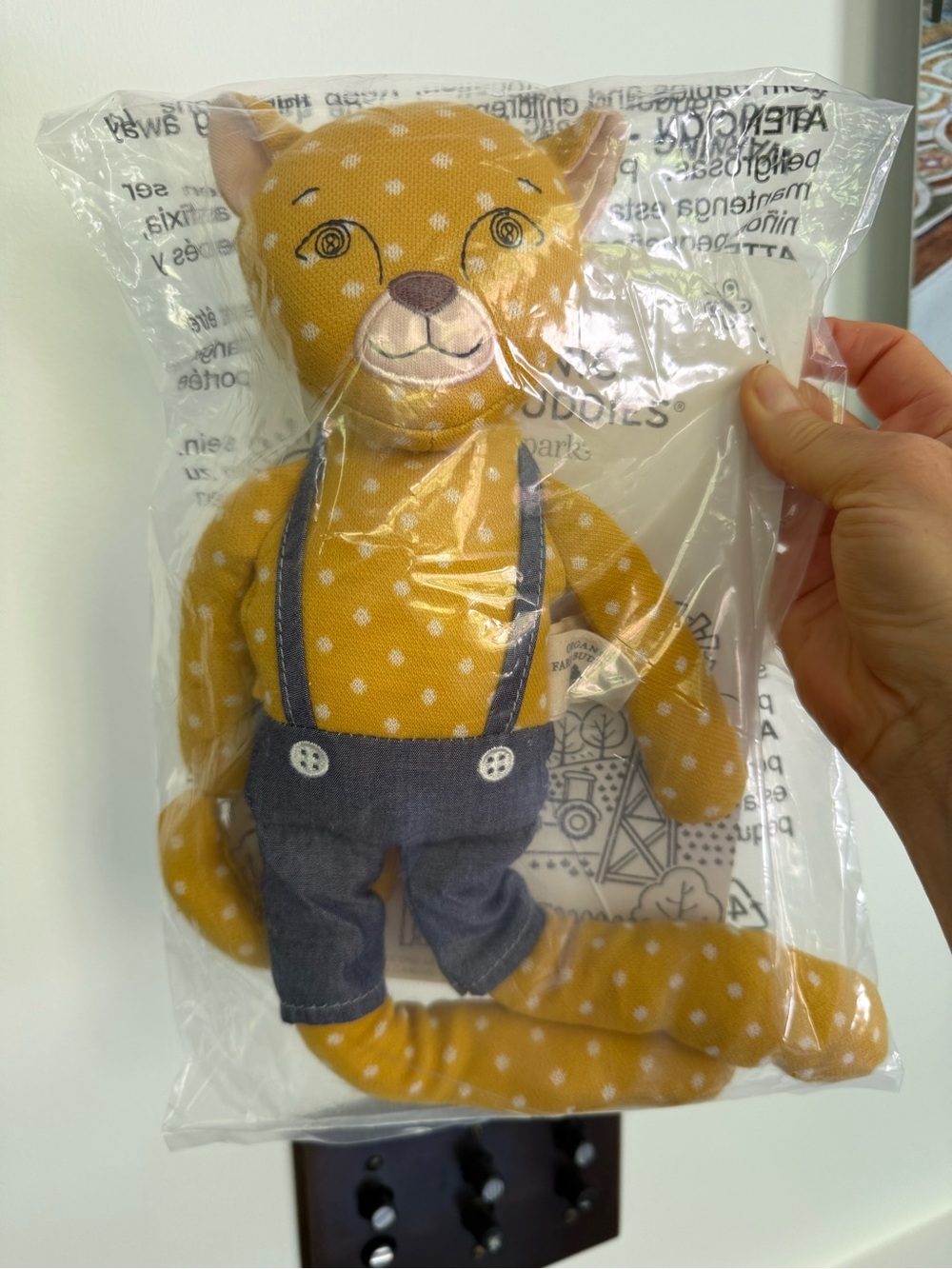 Farm Buddies Organic’s Yellow Polka Dot Plush Cat in Denim Overalls